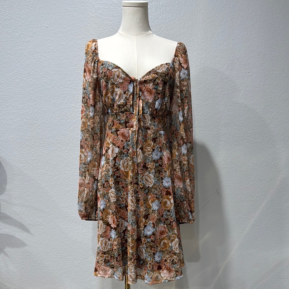 SHEIN Brown and Cream Ruffled Tiered Long Sleeve Dress